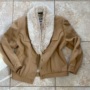 Vintage Pioneer Wear Camel Wool Jacket with Fur Collar, Size Small
